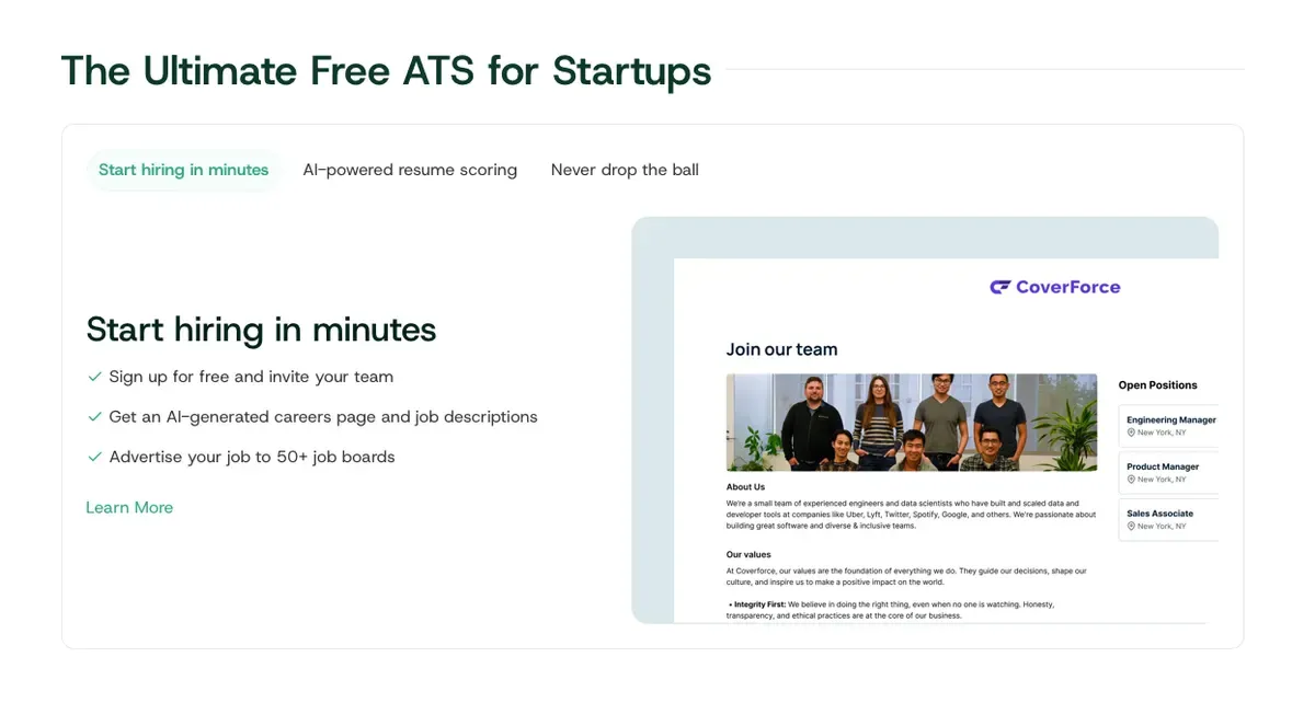 Dover’s free ATS for startups, showing sign-up, an AI-generated careers page, and job board distribution