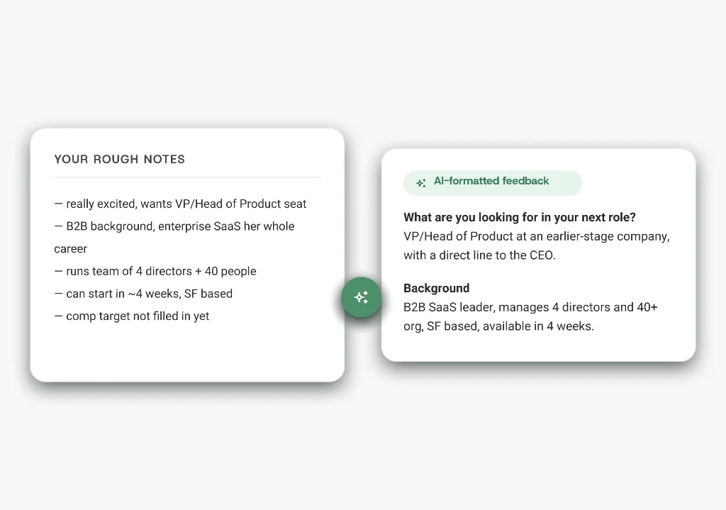 Rough interview notes transformed into AI-formatted structured feedback