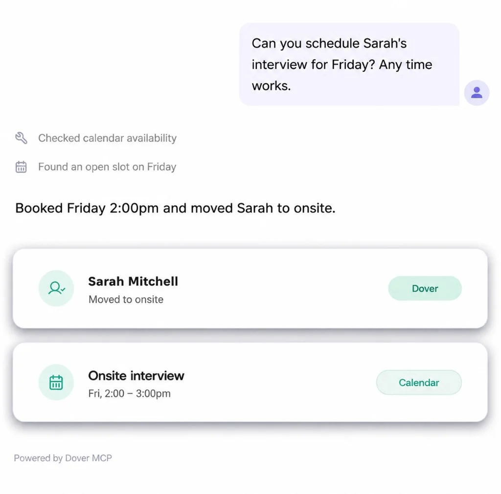 Chat scheduling Sarah's interview via Dover MCP, updating Dover and calendar